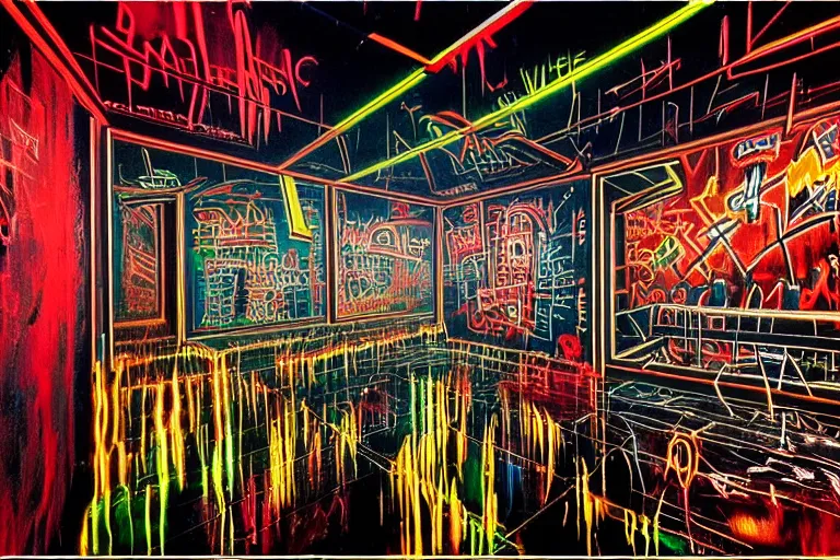 Image similar to the inside of a symmetrical hellish dungeon, mirrors and neon gas, matte painting, 4 k, epic composition, volumetric light, abstract illusionism, by william stout, jean - michel basquiat, pour paint, modern street art, grunge wall, industrial