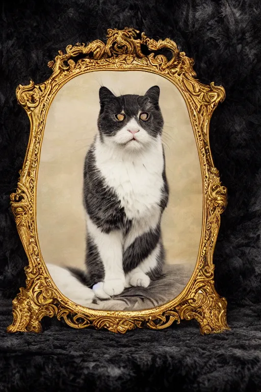 Image similar to a magnificent tintype portrait of a fluffy fat cat on an embroidered velvet cushion on a neo - rococo gilded little bed with precious stones, balls of yarn, by david lachapelle, photorealistic, photography, wide shot