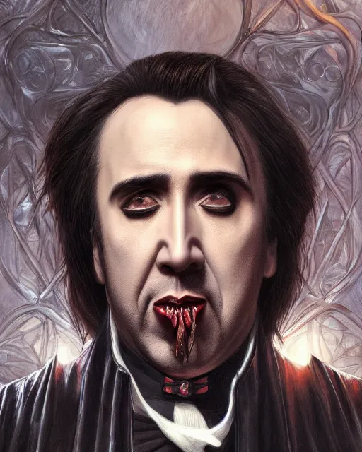 Image similar to nicolas cage as dracula, highly detailed, centered, artstation, concept art, smooth, sharp focus, illustration, bokeh art by artgerm and donato giancola and joseph christian leyendecker