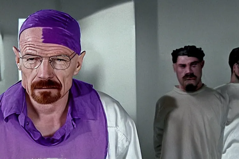 Image similar to walter white as a white gang member wearing a purple head covering made from a polyester or nylon material and a stained white tank top beating up a rival gang member in the prison yard, arms covered in gang tattoo, paparazzi, leaked footage, uncomfortable, bad quality