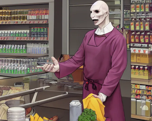 Prompt: Voldemort working in Sainsbury wearing an apron at the checkout counter, concept art, artstation