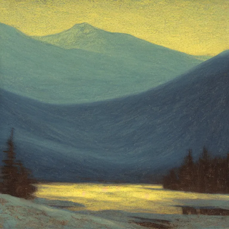 Image similar to new hampshire, mountains, winter, night, luminous, admiral blue palette, abbott handerson thayer, glaze oil painting