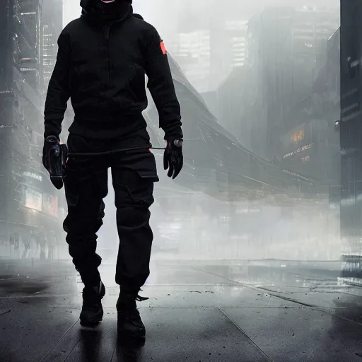 Prompt: A broad shouldered, muscular man in a Acronym Riot Division techwear outfit, Acronym P31-ds pants, trending on r/techwearclothing, high quality, digital art, dire cyberpunk city, gray sky, greg rutkowski