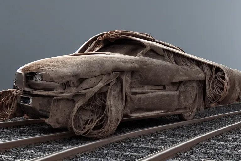 Prompt: car made of spaghetti, concept art, HD luxury render, 4k, train tracks