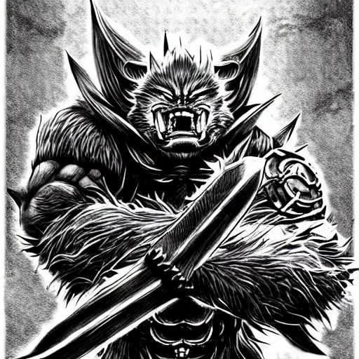 Image similar to Volibear (league of legends, 2009), artwork by kentaro miura, Kentaro Miura style, Berserk Style, High details, cinematic composition, manga, black and white ink style, a lot of details with ink shadows