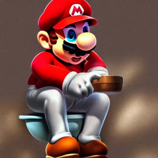 Prompt: higly detailed art of mario sitting on a toilet!!!!!!!!! in a middle of the football field, fantasy art, very beautiful digital art, volumetric lighting, fantasy art, stephen bliss, 8 k, fantasy art by greg rutkowski, global illumunation, 8 k, toilet, mario, mario on a toilet