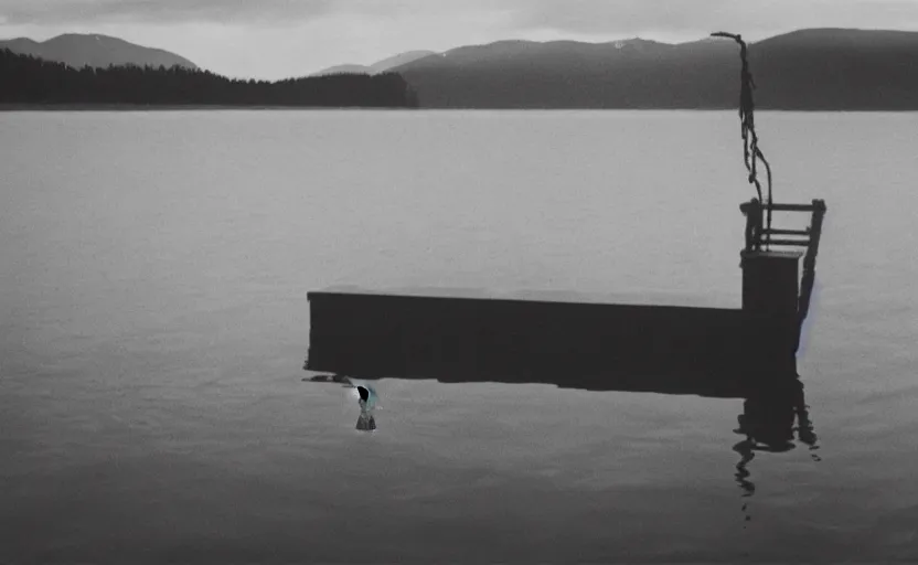 Image similar to cinematic still screenshot detailed photo of a moody lake with a rope floating in the center, shot by saul leiter, camera height 7 feet, moody cinematography, 2 4 mm anamorphic lens