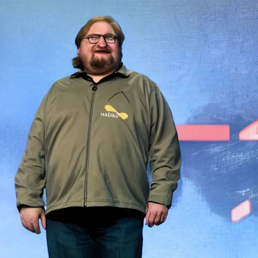 Prompt: gabe newell on stage presenting half life 3 logo