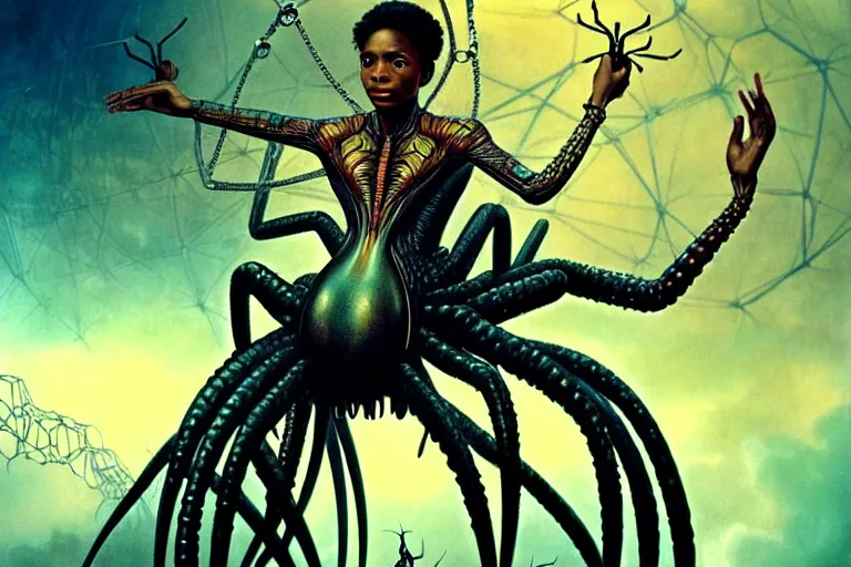 Image similar to realistic detailed closeup portrait movie shot of a beautiful black woman riding a giant spider, dystopian city landscape background by denis villeneuve, amano, yves tanguy, alphonse mucha, max ernst, ernst haeckel, kehinde wiley, caravaggio, roger dean, cyber necklace, rich moody colours, sci fi patterns, wide angle