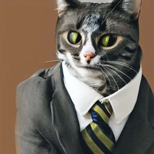 Image similar to a cat with a snarky smile and wearing a business suit