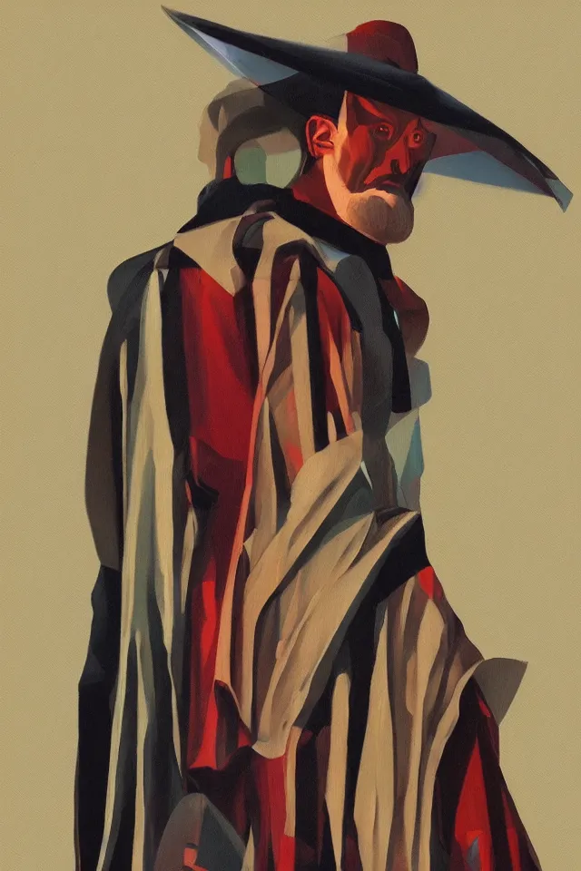 Prompt: sfumato renaissance oil painting of a modern shaman, modern minimal isei miyake outfit, in the style of syd mead, jeremy cowart, concept art
