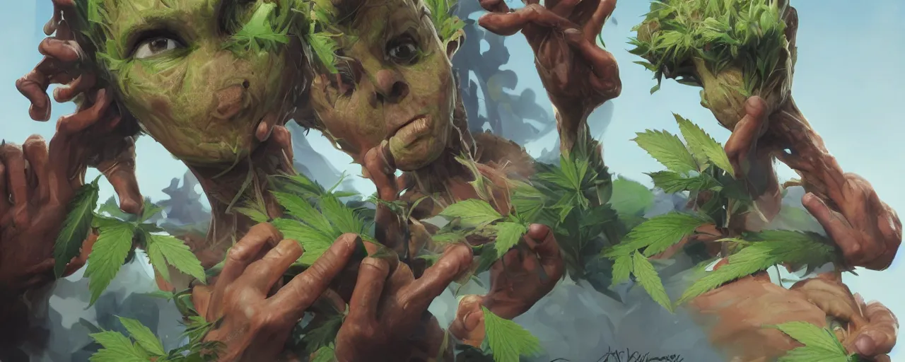 Image similar to portrait sweet face cannabis, marijuana!, baby groot, realistic shaded perfect face, cinematic volumentric lighting, jim cheung, david marquez, mike deodato jr, ilya kuvshinov, makoto shinka, behance hd by jesper ejsing, by rhads, hyper detailed, octane render, concept art, artstation