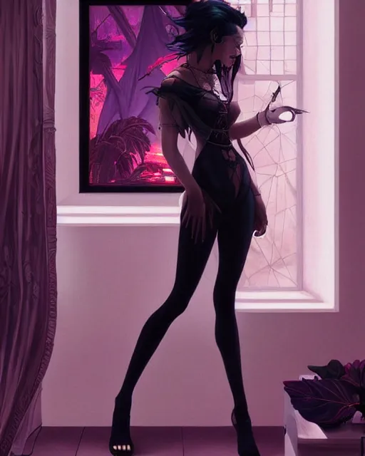 Prompt: goth girl, posing, vaporwave, modern bedroom!!!!!, highly detailed, digital painting, artstation, concept art, smooth, sharp focus, illustration, art by artgerm and greg rutkowski and alphonse mucha