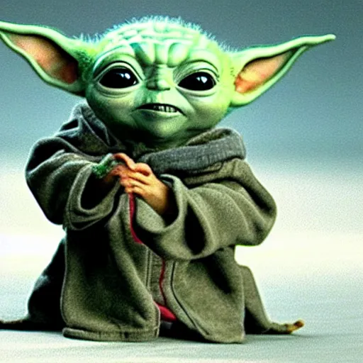 Image similar to a film still of baby yoda wearing 1 9 9 0 s hip hop clothing realistic, detailed