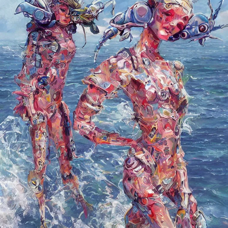 Prompt: fashionable and hyperfuturistic crabgirls by james gurney, incredible art