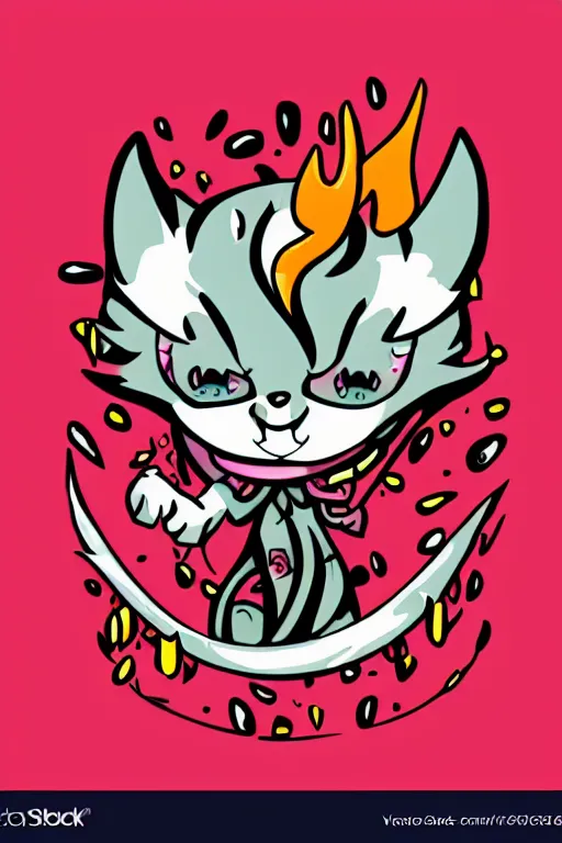 Image similar to Evil kitten, the devil, sticker, blood thirsty, spawn of Satan, burning in hell, blood, evil, colorful, illustration, highly detailed, simple, smooth and clean vector curves, no jagged lines, vector art, smooth