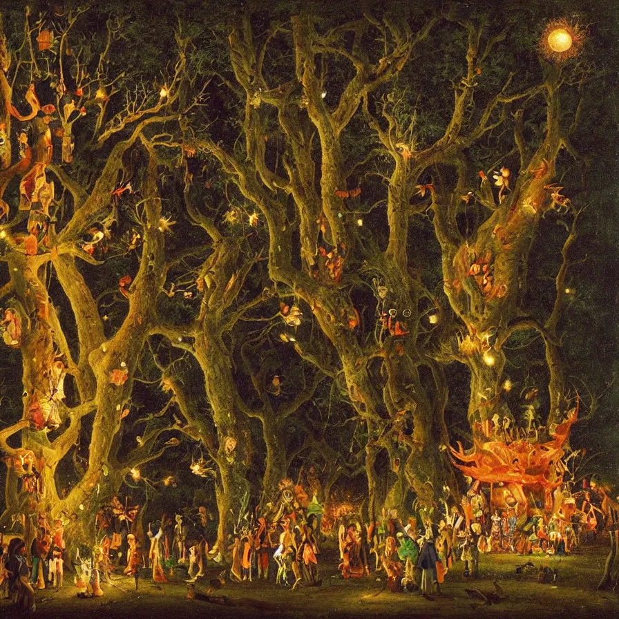 Prompt: a night carnival around a magical tree cavity, with a surreal orange moonlight and fireworks in the background, next to a lake with iridiscent water, christmas lights, folklore animals and people disguised as fantastic creatures in a magical forest by summer night, masterpiece painted by julius schnorr von carolsfeld, dark night environment