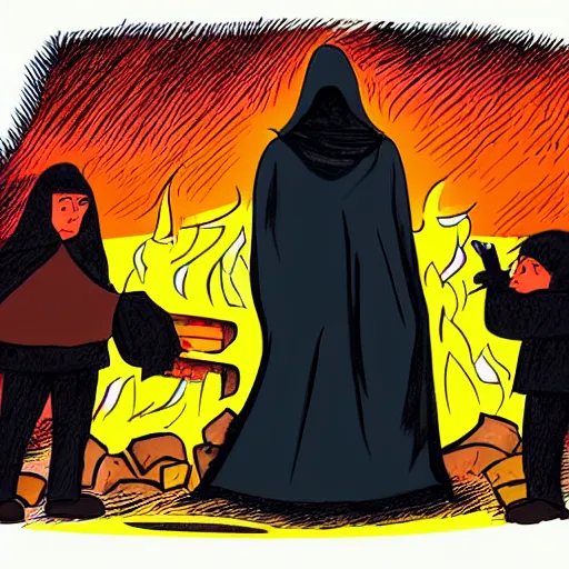 Image similar to full page detailed colored illustration of shadowy man in a dark cloak in front of fire