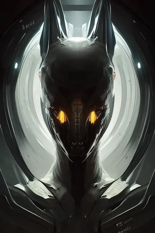 Image similar to professional concept art symmetrical portrait of a predatory robotic species in a dark room by artgerm and greg rutkowski. an intricate, elegant, highly detailed digital painting, concept art, smooth, sharp focus, illustration, in the style of cam sykes.