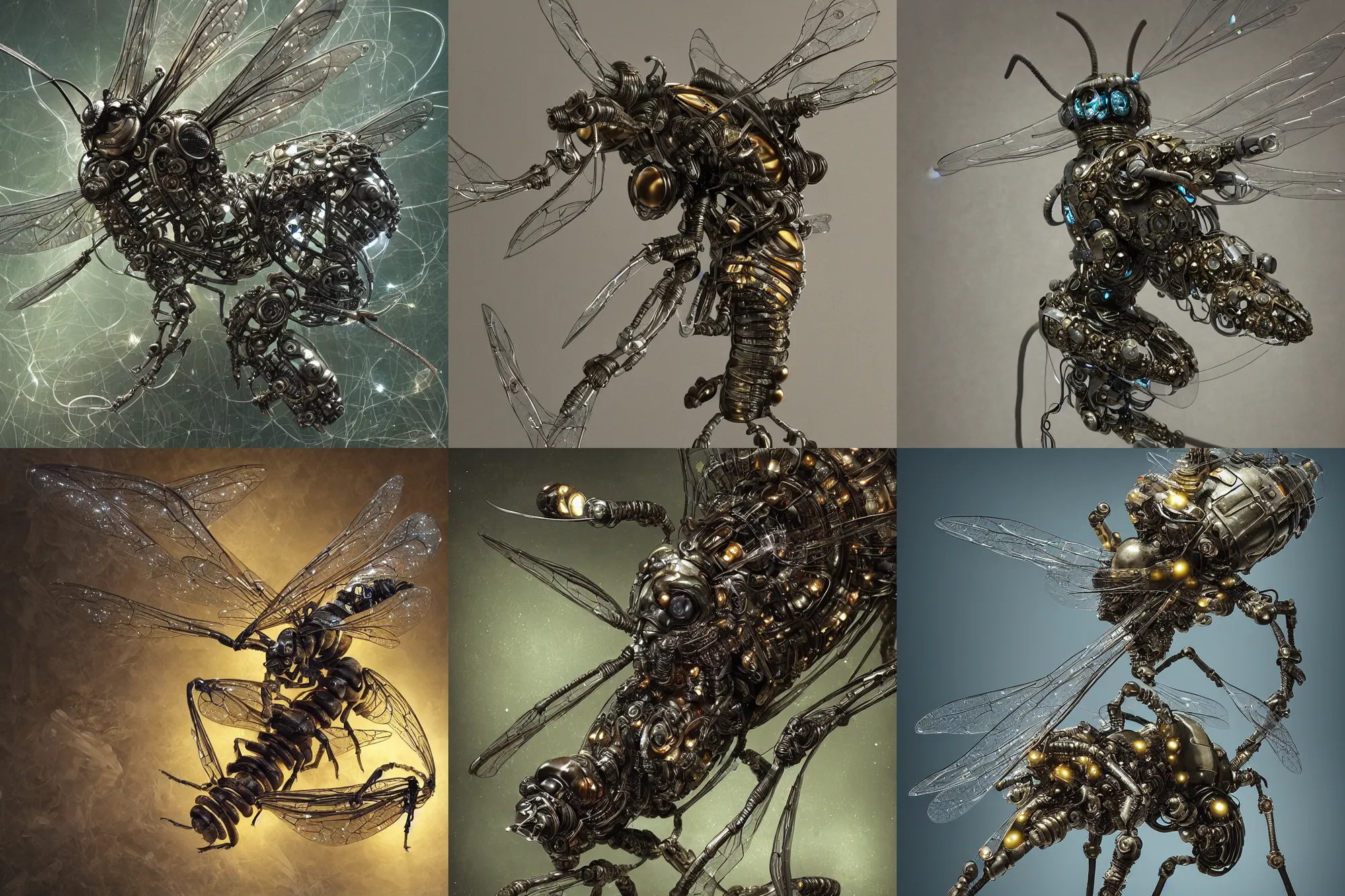 Prompt: intricate wasp, biopunk cyborg wasp, matte textured plastic shell, hinge pins, titanium, wires, jointed, glowing LEDs, cables, antennae, circuitry, chips, capacitors, dramatic lighting, highly detailed by artgerm, Tomasz Alen Kopera, Peter Mohrbacher, WLOP, macro photo styled, background urban industrial, octane engine render 8k HDR