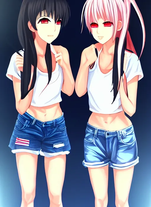 Image similar to two beautiful identical female fighters facing each other, jean shorts, white top, dim lighting, gorgeous features, high resolution, detailed anime art