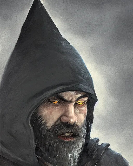 Image similar to A head and shoulder portrait of a DnD deep gnome rogue with two daggers at his waist and he is wearing a black hood by Greg Rutkowski, Sung Choi, Mitchell Mohrhauser, Maciej Kuciara, Johnson Ting, Maxim Verehin, Peter Konig, final fantasy, 8k photorealistic, cinematic lighting, HD, high details, dramatic, epic atmosphere, trending on artstation