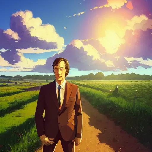 Image similar to ⁠portrait of Saul Goodman , farm field background, rich vivid colors, ambient lighting, dynamic lighting, 4k, HQ, official media, anime key visual, makoto shinkai, ilya kuvshinov, lois van baarle, rossdraws, detailed, trending on artstation