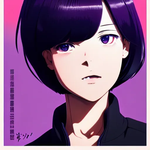 Image similar to anime poster film still portrait, black young woman, black skin colour, large, purple eyes!!!, white french bob, bomber jacket, detailed facial features, dynamic pose, cute face by ilya kuvshinov, yoh yoshinari, makoto shinkai, rimlight, cel shaded, 4 k