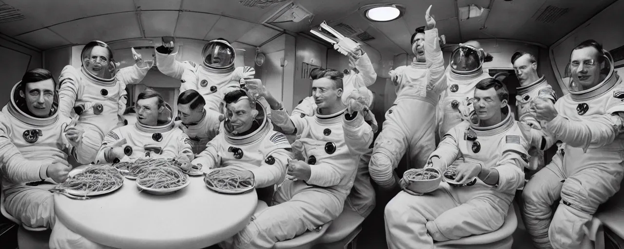 Image similar to 1 9 6 0's astronauts eating spaghetti on their way to the moon, ultra - realistic faces, fine detail, anon 5 0 mm, in the style of diane arbus, in the style of wes anderson, kodachrome, retro