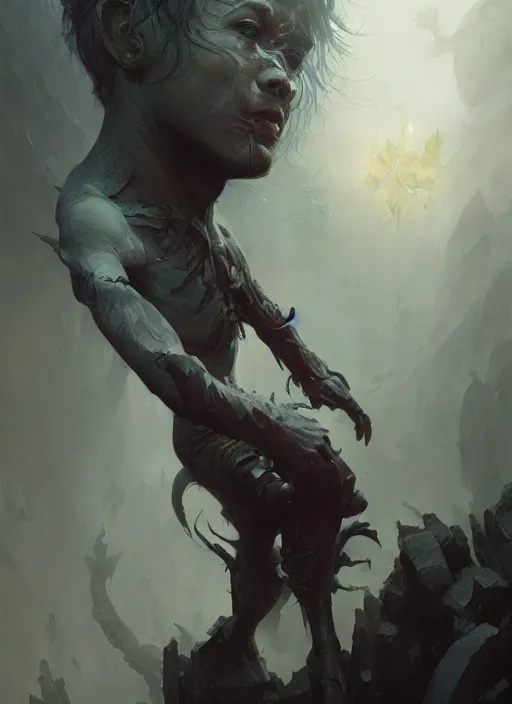 Image similar to fantasy changeling kid revealing his true nature, dim light, front game card, marvel comics, dark, intricate, highly detailed, smooth, artstation, digital illustration by ruan jia and mandy jurgens and artgerm and wayne barlowe and greg rutkowski and zdislav beksinski