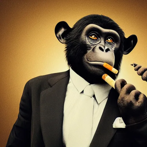 Image similar to a high detail photo of an antropomorphic chimp wearing a suit smoking a cigarrette, subject= chimp, subject detail: wearing a suit, subject action: smoking a cigarrette photorealism