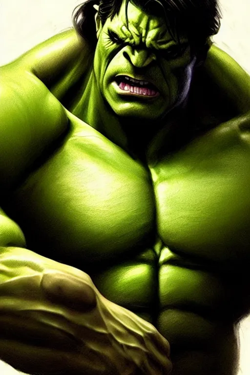 Image similar to Michael Scott as Hulk, Hulk costume, Michael Scott hairstyle, Hulk body type, Michael Scott Face, calm, grumpy, portrait, masculine figure, highly detailed, digital painting, artstation, concept art, smooth, sharp focus, illustration, cinematic lighting, art by artgerm and greg rutkowski and alphonse mucha