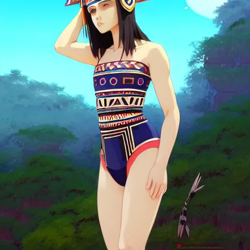 Image similar to beautiful boyish natalie portman alluring gravure model, wearing aztec wooden mask helmet cap and leotard, elegant bulky aztec football gear subtle mayan patterns, elegant aztec bathing suit, gapmoe yandere grimdark, trending on pixiv fanbox, painted by greg rutkowski makoto shinkai takashi takeuchi studio ghibli, akihiko yoshida