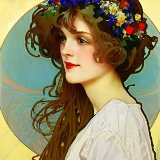 Prompt: Beautiful oil painting by Alphonse Mucha, of a beautiful skinny white woman with long face and green blue eyes, red lipstick, smiling, brunette short straight Bob and bangs with blonde strands, plants on the background, 4k, trending on artstation, golden sunlight shines in her face, flower wreath in hair, happy atmosphere
