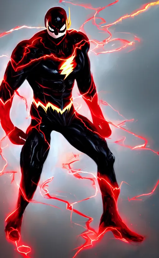 Prompt: full body portrait of venom as the flash, black and red, dynamic lighting, cinematic, ultra detailed, trending on art station, stunning visuals, creative, fantasy concept art