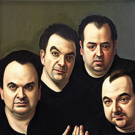 Image similar to Rich Evans, Mike Stoklasa, Jay Bauman, Red Letter Media, Caravaggio painting, depressed middle-aged men