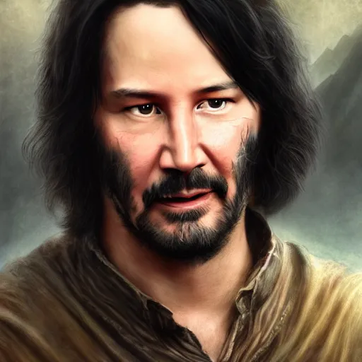 Image similar to keanu reeves as a hobbit ( lord of the rings movie ), digital painting, extremely detailed, 4 k, intricate, brush strokes, mark arian, artgerm, bastien lecouffe - deharme