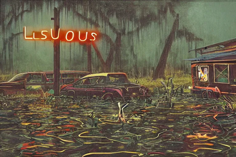 Image similar to scene from louisiana swamps, voodoo cult, old protestant church with neon satanic pentagram, junkyard by the road, boy scout troop, voodoo artwork by tim eitel