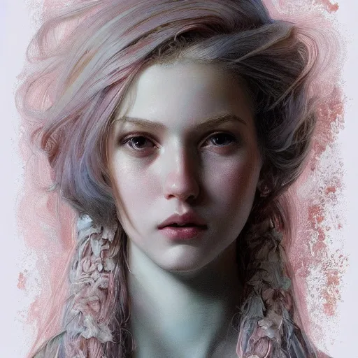 Image similar to portrait of a scottish teenage girl with pinkish grayblonde hair, glowing skin, awkward, nerdy, fantasy, intricate, elegant, dress shirt, highly detailed, digital painting, artstation, concept art, smooth, sharp focus, illustration, art by Krenz Cushart and Artem Demura and alphonse mucha