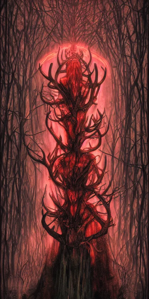 Image similar to intense glowing black metal pagan god with antlers and veins and intense glowing eyes in very dark forest by h r giger and beksinski and alphonse mucha, portrait, fantasy, clear, red and teal and yellow, light beams, lens flare, intense, uhd, amazing depth, cinematic lighting