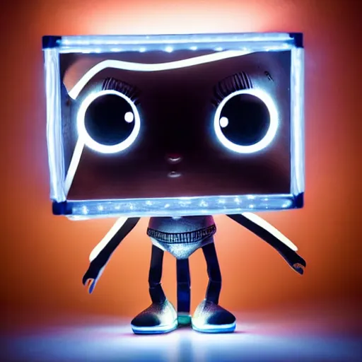 Prompt: a highly detailed vinyl figure with lighting bolts coming out of its eyes, square nose, electric eyes, sparking eyes, realistic lighting, realistic reflections, detailed background