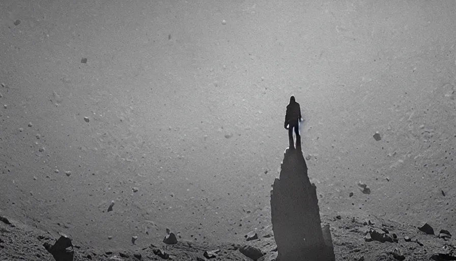 Prompt: A lone figure standing on the edge of a cliff on an alien moon, arcology megastructure stretch across the surface of the moon, cinematic, IMAX, Christopher nolan