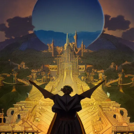 Prompt: a magical wizard in front of a big and structured landscape of a big and structured fantasy kingdom city by Maxfield Parrish, digital art 8k, trending on artstation, anime, unreal engine