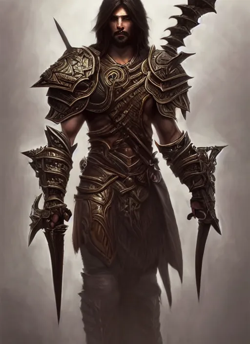 Image similar to portrait of an athletic male warrior as a diablo 3 character, looking at camera, D&D, sword master, long black hair, intricate, elegant, stylish, cute smile, fantasy, extremely detailed, digital painting, artstation, concept art, smooth, sharp focus, illustration, ambient lighting, art by artgerm and greg rutkowski and alphonse mucha and simon stalenhag