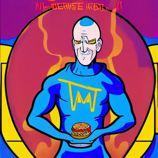 Image similar to Dr Manhattan working at McDonalds because he lost all of his money leverage trading bitcoin, mike judge art style, 90s mtv illustration, rich complementary colors W- 1920