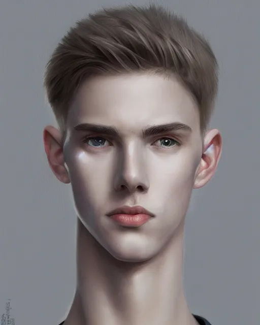 Image similar to portrait of 1 5 - year - old boy, a tall, slender boy with a pale, pointed face, sleek blond hair, and ice grey eyes, cold grey eyes, highly detailed, digital painting, artstation, concept art, smooth, sharp focus, illustration, art by artgerm and greg rutkowski and alphonse mucha