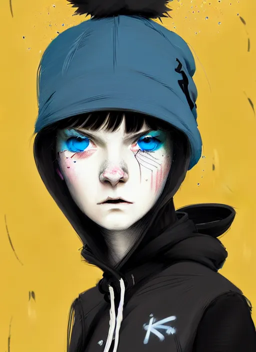 Image similar to highly detailed portrait of a street punk lady student, blue eyes, hoodie, hat, white hair by atey ghailan, by greg rutkowski, by greg tocchini, by james gilleard, by joe fenton, by kaethe butcher, gradient yellow, black, brown and cyan blue color scheme, grunge aesthetic!!! ( ( graffiti tag wall background ) )