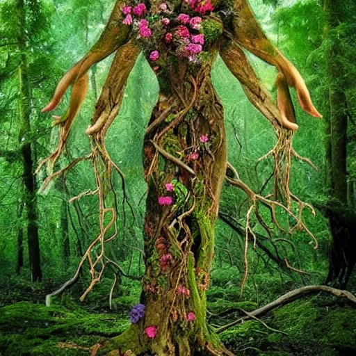 Image similar to mother nature with limbs made of trees and roots, mossy, flowers, human tree hybrid, nature, goddess