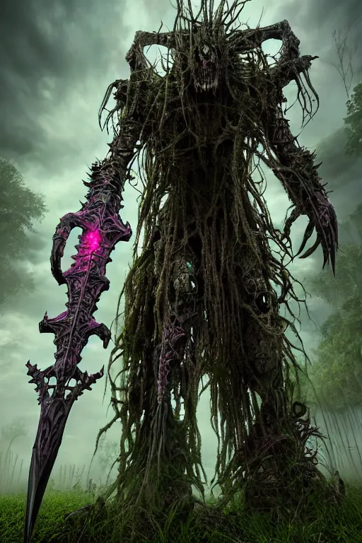 Prompt: post - gothic giant banshee, exoskeleton armor, attacking with axe, dystopian ruins covered in vegetation, highly detailed smooth digital art masterpiece, vitaly bulgarov giger dramatic pink light, ground angle hd 8 k, sharp focus