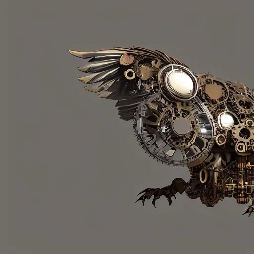 Prompt: render of a mechanical owl, steampunk style, 8k